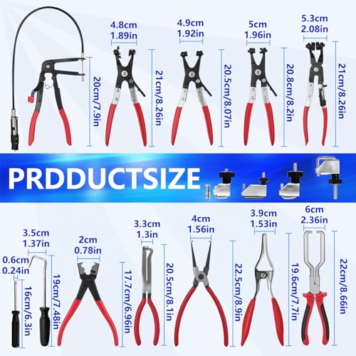 16PCS Hose Clamp Pliers Set, Professional Removal & Installation Tool Kit with Long Reach Flexible Wire & Electrical Disconnect Pliers for Fuel, Oil, Coolant Radiator, Heater and Water Hoses