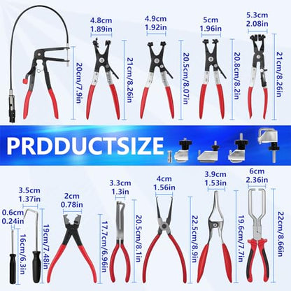 16PCS Hose Clamp Pliers Set, Professional Removal & Installation Tool Kit with Long Reach Flexible Wire & Electrical Disconnect Pliers for Fuel, Oil, Coolant Radiator, Heater and Water Hoses
