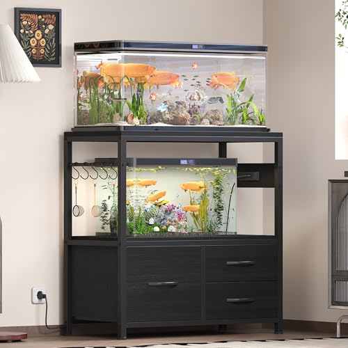 Heybly 20-29 Gallon Fish Tank Stand, Aquarium Stand with Drawer, Power Outlet, Heavy Duty Metal Frame, for Fish Tank, Turtle & Reptile Terrarium, 31.5" x 15.7" Top, 330lbs, Black HAS001BK