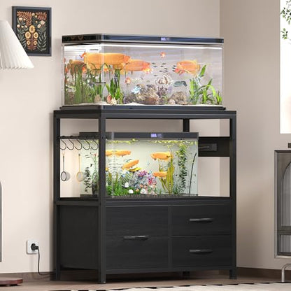 Heybly 20-29 Gallon Fish Tank Stand, Aquarium Stand with Drawer, Power Outlet, Heavy Duty Metal Frame, for Fish Tank, Turtle & Reptile Terrarium, 31.5" x 15.7" Top, 330lbs, Black HAS001BK