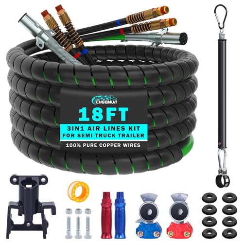 CheeMuii 18FT Semi Truck Air Line Kit with Gladhands Handles Air Line Holder and Springs Kit 7 Way Trailer Cord and 3-in-1 Air Brake Hoses for Semi Truck Trailer Tractor