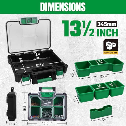 SK 13.5-Inch Small Part Organizer, Stackable Tools Box Organizer with 7 Compartments and Removable Dividers, Transparent Lid, Waterproof & Impact-Resistant Design, for Small Tools and Accessories - size: 13.5-Inch Small Part Organizer
