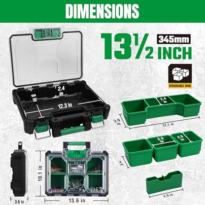 SK 13.5-Inch Small Part Organizer, Stackable Tools Box Organizer with 7 Compartments and Removable Dividers, Transparent Lid, Waterproof & Impact-Resistant Design, for Small Tools and Accessories - size: 13.5-Inch Small Part Organizer