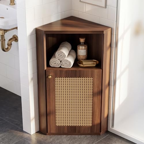 Corner Cabinet Bathroom Storage Cabinet with Rattan Doors, Walnut | Corner rattan triangle bathroom cabinet, high density MDF adjustable shelves, narrow 90° anti-tip design, farmhouse organizer - color: Walnut, size: B