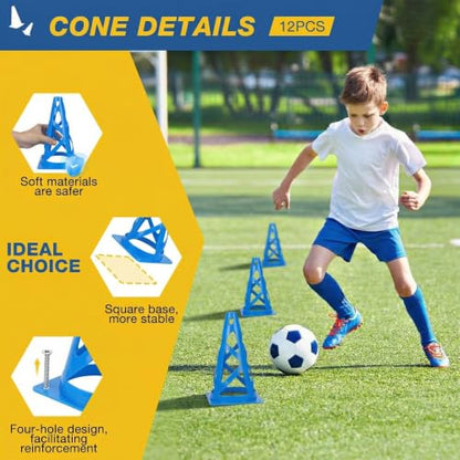 12 Pack Soccer Cones, 9 Inch Agility Cones for Soccer, Football, Basketball, Cones for Sports Training, Speed & Agility Drills, Field Marking Equipment - color: blue