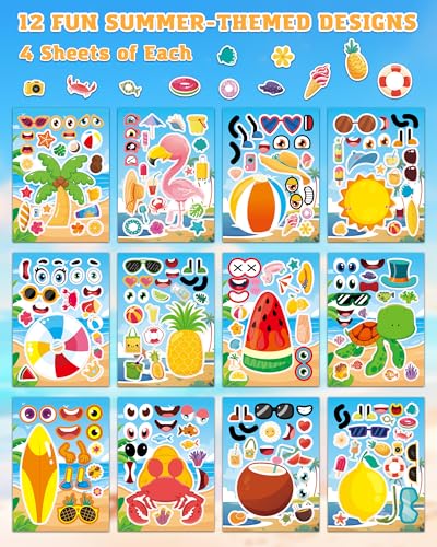 48 Sheets Summer Fun Make-a-Face Sticker Set for Kids – Create Your Own Faces with Beach, Tropical & Animal Stickers – Ideal Summer Crafts, Party Favors & Creative Activities - style: Summer Vibe