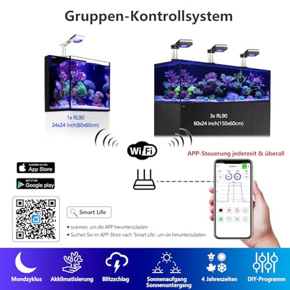 RL90 WiFi Reef LED Light, 100W Reef Aquarium Lighting for Marine SPS LPS Corals Saltwater Fish Tanks, Enhanced Violet and Blue Spectrum, APP Fully Programmable (Black, with Hang kit)
