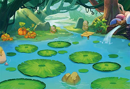7x5ft Vinyl Lotus Leaves Backdrop Fairytale Lake Water Lily Lotus Leaf Duck Pond Rocks Background for Photography Kids Baby Birthday Party Decorations Photo Studio Props - size: 7x5ft