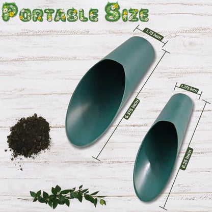 Home-X Set of 2 Soil Scoops - Mini Hand Scoops for Transplanting, Weeding, and Potting - Small Garden Scoop, Potting Scoopers, Bonsai Tool - Set of 2 Different Sizes 6½" x 2½" and 6¼" x 1¾" - Green