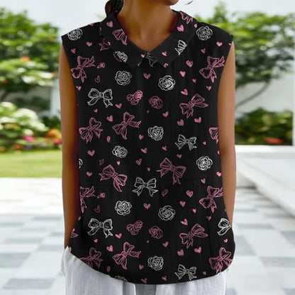 domirica Graceful Japanese Art Pattern Sleeveless Collared Tank Top Soft Casual Boho Sleeveless Tshirts for Women - color: Bow, size: Small
