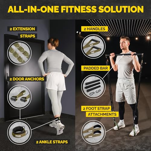 Tube Resistance Bands Set with Handles, Bar, Ankle Straps and Door Anchor - color: Military Green