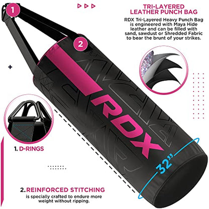 RDX Kids Unfilled Punching Bag Set 2FT, Non Tear Maya Hide Leather Kara Junior Hanging Bag for Kickboxing MMA Muay Thai Taekwondo Karate BJJ Strength Training, Home Gym Equipment - color: PINK