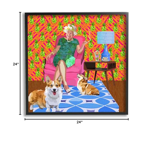 Stupell Industries Modern Queen Corgi Dogs Pineapple Patterned Background, Design by Lynnda Rakos, Black Framed, 24 x 24