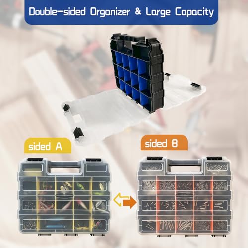 Tool Box Storage Organizer, TONGQI 34-Compartment Double Side Small Parts Box with Removable Plastic Dividers for Hardware, Screws, Bolts, Nails, Jewelry and Fishing Accessories, 1 Pack