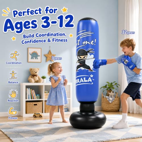 RORALA Inflatable Punching Bag for Kids with Boxing Gloves and Manual Air Pump, 66 Inch Children's Boxing Bag Set for Boys and Girls Gift Aged 3 to 12 to Practice Karate, Taekwondo