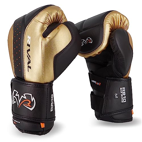 RIVAL Boxing RB10 Intelli-Shock Bag Gloves, Hook and Loop Closure - Ergonomic Fit, 1.25” of Closed Cell Foam for Intense Bag Use - color: Black/Gold, size: Small