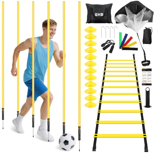 GHB Soccer Agility Training Equipment, 6 Agility Poles, 20ft Speed Ladder, 12 Disc Cones, Resistance Parachute, Jump Rope, 5 Resistance Bands, Soccer Training Poles for Speed Agility Training