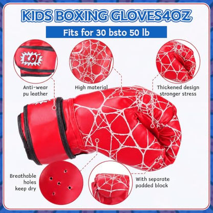 Boxing Gloves and Punching Mitts Set 4oz Gloves Boxing Pads Kids Youth Sparring Gear Training Equipment for Taekwondo Kick Karate Muay Thai MMA Martial Art - style: Red Spider