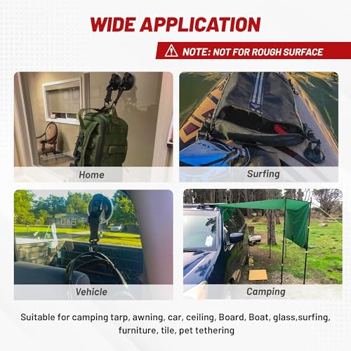 RED WOLF Heavy Duty 65MM Suction Cup Anchor Tie Down with Rotatable Hanging Hook Hold up to 22 LBs/10KG Each for Outdoor Camping Tarp Car Window Ceiling Awning RV Board Boat Vehicle Glass Surfing 2PC - size: 65MM Suction Cup