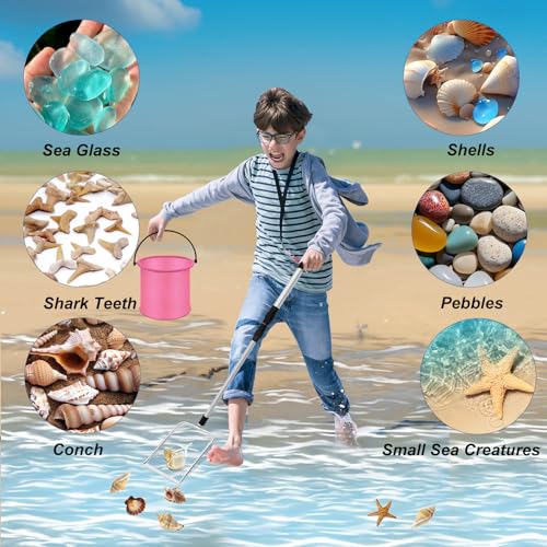 4pcs Shelling Scooper Tools for Beach, Adjustable Shark Tooth Sand Sifter with Mesh Shell Collecting Bag Foldable Beach Bucket Beach Scoop Shovel Toys for Adults Kids Picking Seashell Rock Hunting(P) - color: Pink