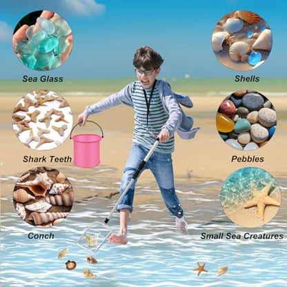 4pcs Shelling Scooper Tools for Beach, Adjustable Shark Tooth Sand Sifter with Mesh Shell Collecting Bag Foldable Beach Bucket Beach Scoop Shovel Toys for Adults Kids Picking Seashell Rock Hunting(P) - color: Pink