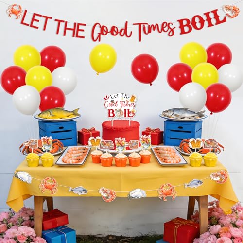 Cheereveal Let the Good Times Boil Party Decorations Kit, Seafood Banner Garland Cake Toppers Cupcake Picks, Red White Yellow Balloons, Crawfish Lobster Shrimp Boil Birthday Bridal Shower Decor