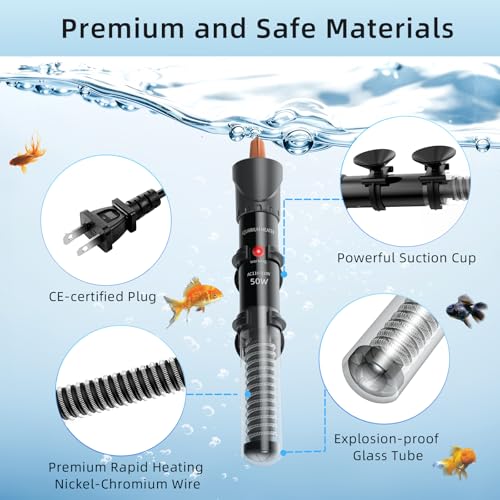 Aquarium Heater 25W/50W/100W/200W/300W, Adjustable Knob Fish Tank Heater with Digital Thermometer, Submersible Betta/Turtle Tank Heater for Freshwater and Saltwater Tanks - size: 50W for 5-10 gallon