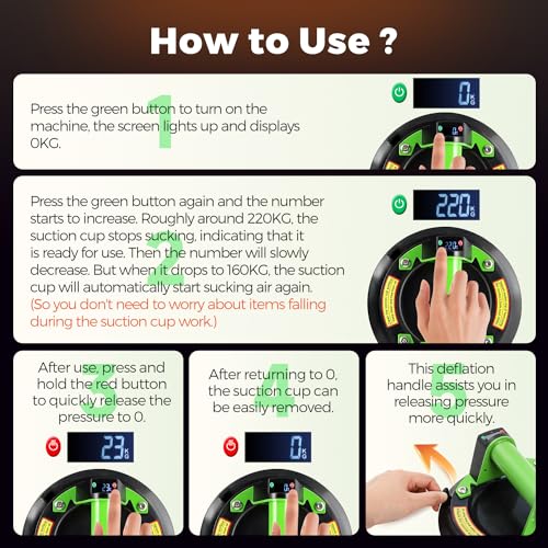 2 Pack Electric Glass Suction Cups 8" Auto Stop/Suction Vacuum Cups with Metal Handle for Glass Ceramic Tile Metal Smooth Board Marble Windshields - style: Electric Green(steel handle)