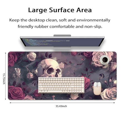 35.4 x 15.7 in, XXL Large Mouse Pad for Desk, Extended Keyboard Mouse Mat for Computer Office, Big Mouse pad with Stitched Edges, Gaming Pc-Skull red Pink Rose Butterfly - color: Skull red Pink Rose Butterfly