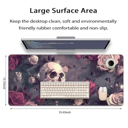 35.4 x 15.7 in, XXL Large Mouse Pad for Desk, Extended Keyboard Mouse Mat for Computer Office, Big Mouse pad with Stitched Edges, Gaming Pc-Skull red Pink Rose Butterfly - color: Skull red Pink Rose Butterfly