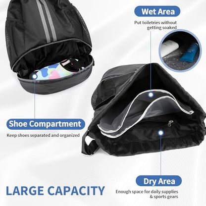 JELUTAR Drawstring Backpack Gym Bag with Shoes Compartment, Black - color: Black, size: Large