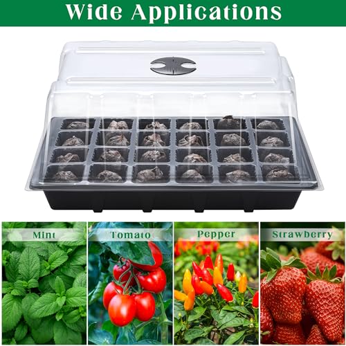 4 Sets Seed Starter Tray Kit Germination Starter Tray with Humidity Dome and Base Include 100 Peat Pellets 100 Plant Labels Garden Tools Plastic Plant Growing Trays for Greenhouse Garden, Black