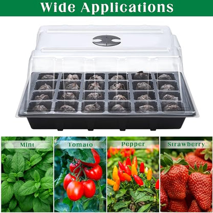 4 Sets Seed Starter Tray Kit Germination Starter Tray with Humidity Dome and Base Include 100 Peat Pellets 100 Plant Labels Garden Tools Plastic Plant Growing Trays for Greenhouse Garden, Black