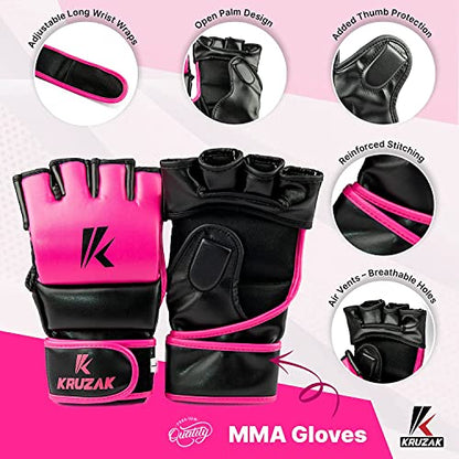 Kruzak MMA Gloves, Half-Finger Boxing Mitts with Hand Wraps - color: Pink, size: Large-X-Large