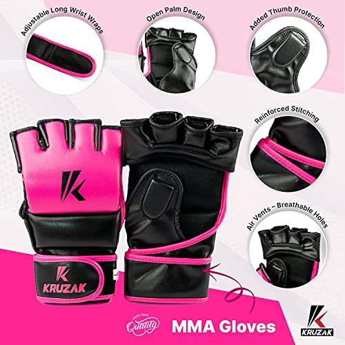 Kruzak MMA Gloves, Half-Finger Boxing Mitts with Hand Wraps - color: Pink, size: Small-Medium