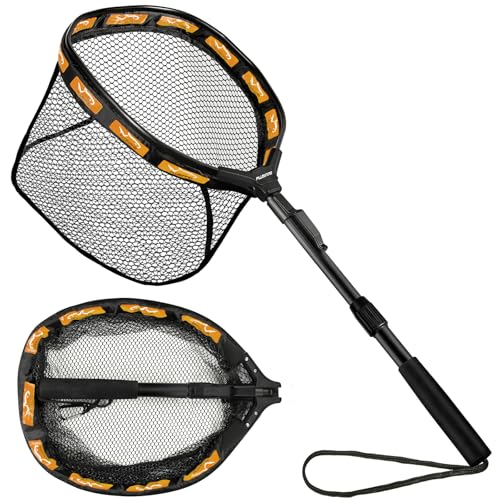 PLUSINNO Fishing Net Fish Floating Landing Net, Kayak Nets with Fixed Foldable Telescopic Pole Handle, Bass Trout Fishing Nets with Nylon Mesh for Pond Lake River, Fishing Gear Gifts for Men Anglers