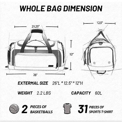 MIER Large Gym Bag for Men 60L Duffel Bag with Shoe Compartment - color: Grey