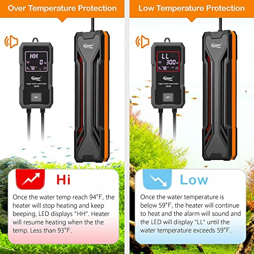 hygger Aquarium Heater 300W/500W/800W/1000W, Submersible Fish Tank Heater with Digital LED Controller and Intelligent Leaving Water Automatically Stop Heating System, for Freshwater and Saltwater - size: 300W for 40-80 Gallon
