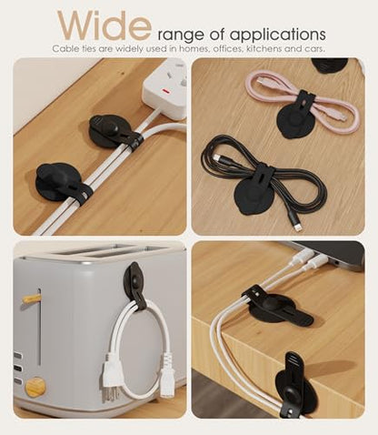 Cable Management Under Desk, Adjustable Self-Adhesive Silicone Cable Ties Cord Organizer, Reusable Heavy-Duty Cord Holder Under Table for Office, Home, School (10Pcs-Black)