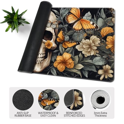35.4 x 15.7 in, XXL Large Mouse Pad for Desk, Extended Keyboard Mouse Mat for Computer Office, Big Mouse pad with Stitched Edges, Gaming Pc-Skull Butterfly Flowers - color: Skull Butterfly Flowers