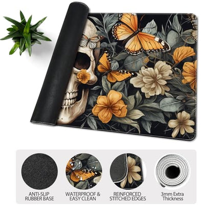 35.4 x 15.7 in, XXL Large Mouse Pad for Desk, Extended Keyboard Mouse Mat for Computer Office, Big Mouse pad with Stitched Edges, Gaming Pc-Skull Butterfly Flowers - color: Skull Butterfly Flowers