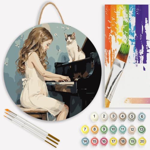 Musical Melody Paint by Numbers Kit for Adults on Wood Board – DIY Girl Playing Piano with Cat Wood Craft Painting Kit, 12 in Round, Acrylic Paint Set, Beginner-Friendly, Relaxing Home Decor Gift - color: TCXY04933-12 IN Round Wood