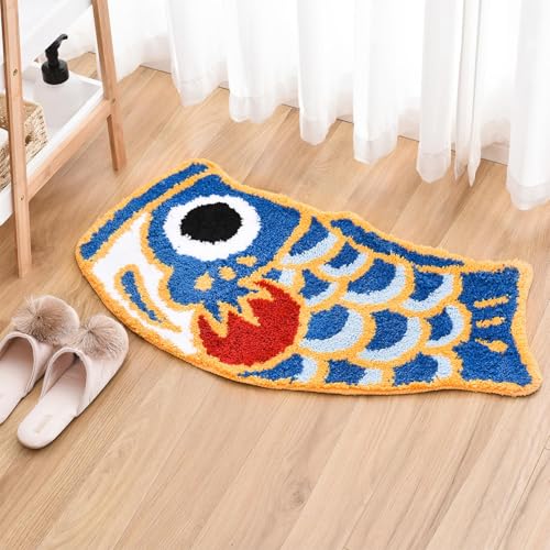 Cute Fish Bath Mat For Bathroom, Japanese Koi Flag Soft Water Absorbent, Non-Slip, Machine Washable (Blue)