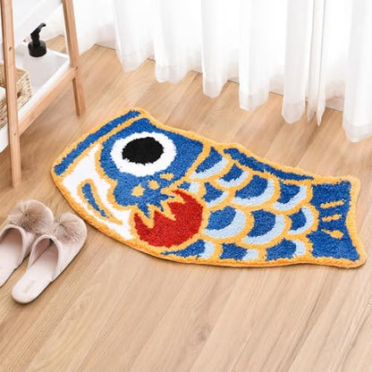 Cute Fish Bath Mat For Bathroom, Japanese Koi Flag Soft Water Absorbent, Non-Slip, Machine Washable (Blue)