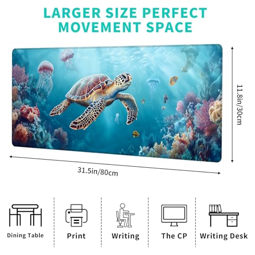 Sea Turtle Gaming Mouse Pad – 12x31.5in Large Extended Desk Mat with Underwater Marine Life Design – Non-Slip Rubber Mousepad for Office Home – Deskmat Gifts for Ocean Lovers Decor