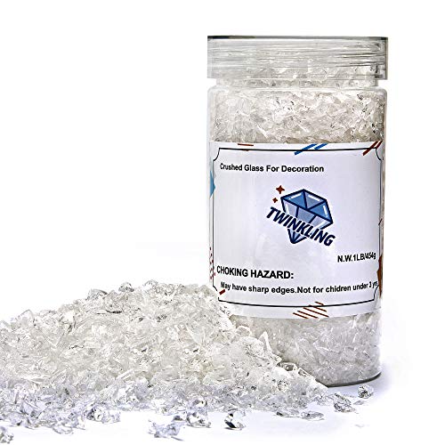 TWINKLING High Luster Fire Glass Gravel Stone Glitter,Broken Glass,Fire Gems Chips,Crushed Glass for Fire Pit Crafts Resin Art Aquarium Garden Decoration,3-6mm,1-Pound Jar (Crystal/Transparent) - color: Crystal/Transparent
