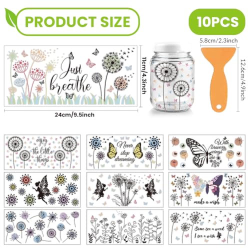 arricraft 10 Pcs Dandelion Theme Cup Printing UV Transfer Papers, 10 Styles Bohemian Flowers Fairy Butterfly PVC DIY Heat Transfer Stickers Inspirational Decal for 16 OZ Glass Cups Crafts 9.5x4.3inch - style: Dandelion Theme