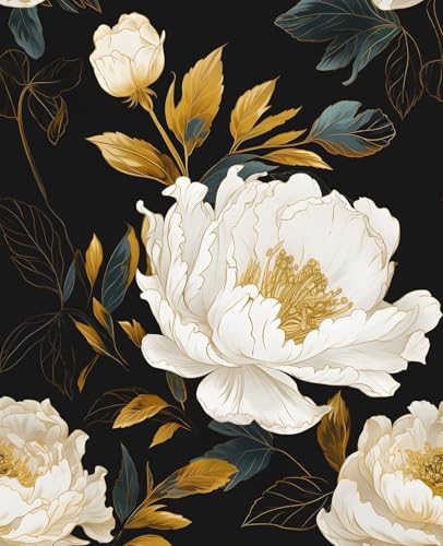 Peel and Stick Wallpaper, Thick Self Adhesive Vinyl Roll, Removable Waterproof Contact Paper for Bedroom Bathroom Cabinet Accent Wall, Vintage Peony Flower Decor Black White Gold, 17.5" x 118" - color: Dark/Black/White, size: 17.5" x 118"