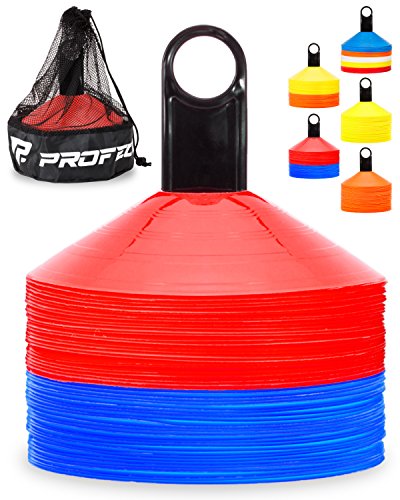 Pro Disc Cones (Set of 50) - Agility Soccer Cones with Carry Bag and Holder for Sports Training, Football, Basketball, Coaching, Practice Equipment, Kids - Includes 15 Best Cone Drills Book - color: Blue and Red