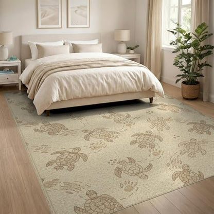 8'x10' Washable Beachy Sea Turtle Large Rug, Cream Non-Shedding Pet Friendly Carpet Foldable Easy Care Mat for King Size Bedroom, Master Suite, Under Bed | Ref:1955150 - color: Beige/Pattern 20, size: 8' x 10' (Rectangular)